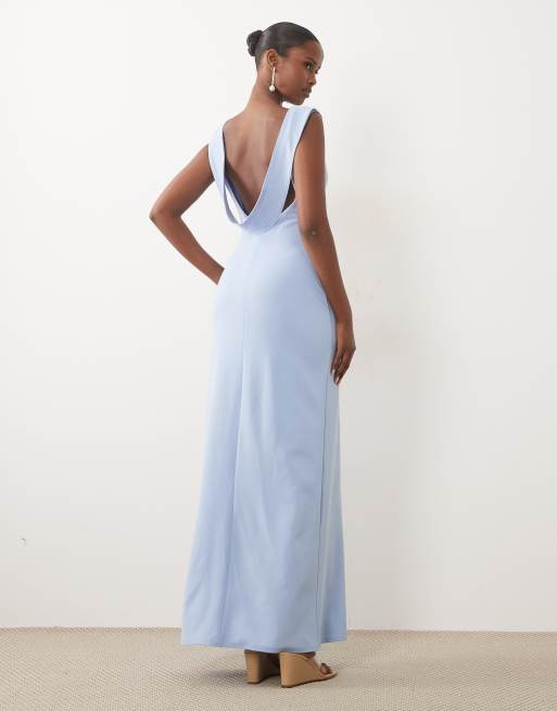 TFNC crepe slash neck backless maxi dress in light blue, 4 of 4