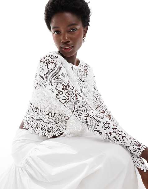 TFNC - Crop top da sposa bianco in pizzo con bordi smerlati - view 1