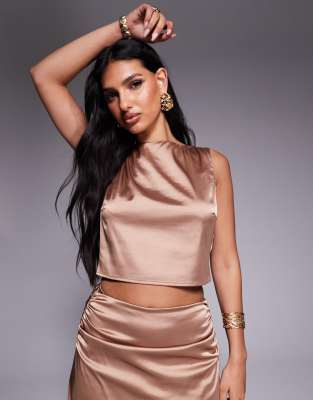TFNC - Cropped-Satin-Top in Mokka mit U-Boot-Ausschnitt, Kombiteil-Gelb