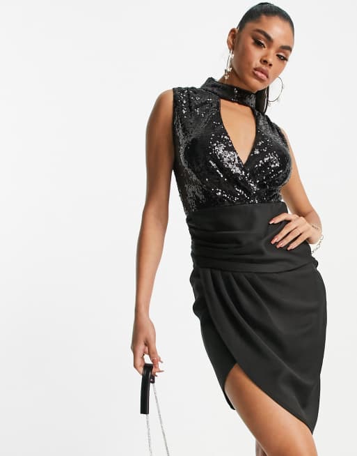 TFNC cut out sequin midi dress in black