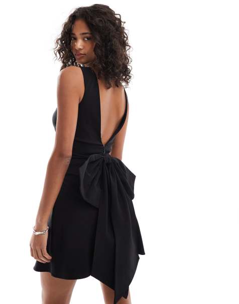 TFNC structured mini dress in bengaline with bow back detail in black 