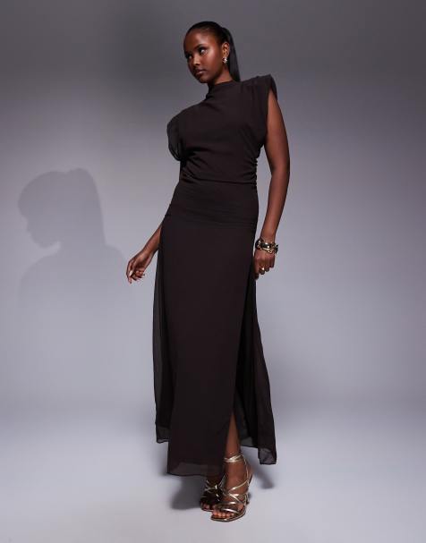 TFNC high neck maxi dress with shoulder pads in chocolate