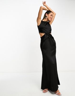 Shop Tfnc Deep V Back Waist Cut Out Satin Maxi Dress In Black