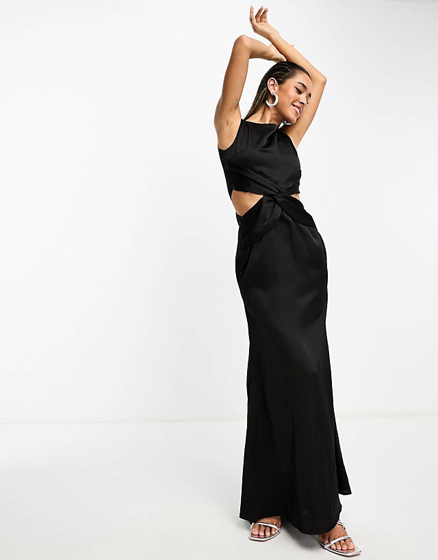 TFNC - deep v back waist cut out satin maxi dress in black