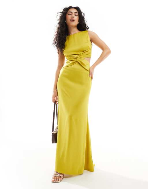 TFNC deep V back waist cut out satin maxi dress in lime
