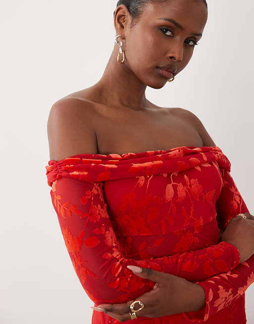 red off shoulder dress long sleeve Sexy - Off-The-Shoulder Dress - Maxi Dress 116/120 cm (45/47)* depends on height option TFNC devore bardot off-shoulder long