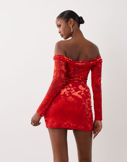 TFNC devoure bardot off shoulder long sleeve mini dress in Red, 4 of 4