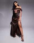 [TFNC] TFNC drop shoulder satin corset maxi dress in chocolate-Brown 10 Chocolate