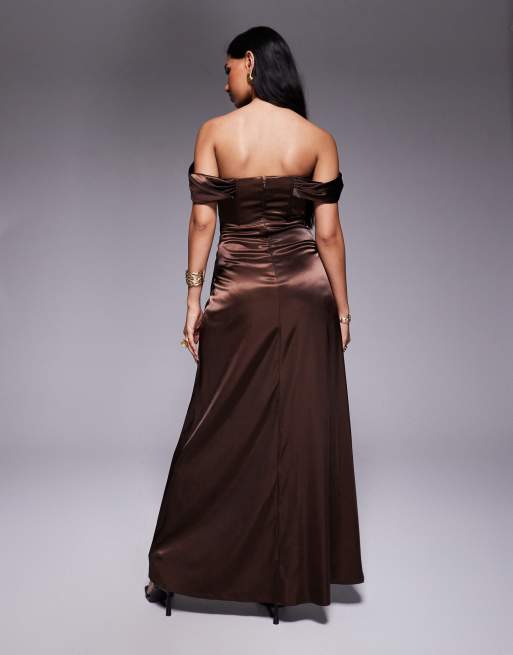 TFNC drop shoulder satin corset maxi dress in chocolate, 2 of 4