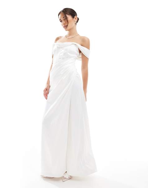 TFNC drop shoulder satin corset maxi dress in white - view 1