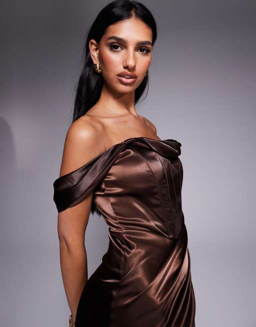 TFNC dropped shoulders satin corset maxi dress in chocolate