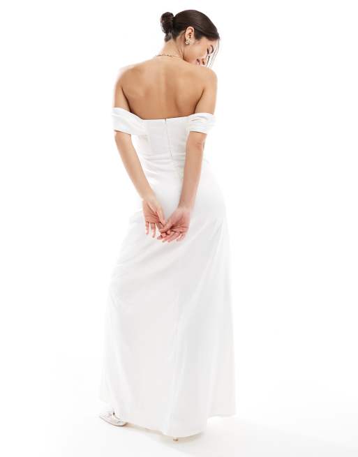 TFNC dropped shoulders satin corset maxi dress in white, 2 of 4