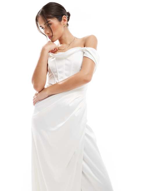 TFNC dropped shoulders satin corset maxi dress in white, 4 of 4