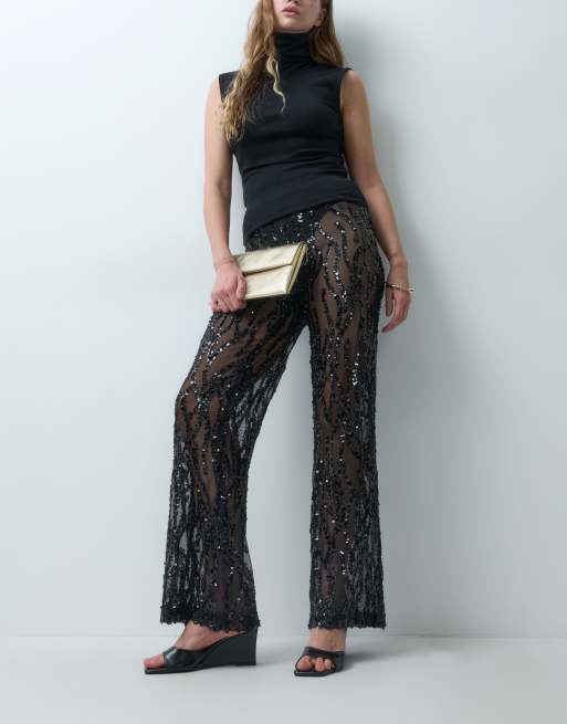 TFNC embellished mesh elasticated waist straight leg trousers in black, 2 of 5