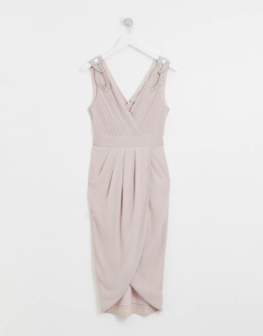 TFNC – Exklusives Brautjungfern-Midikleid in Braungrau mit Wickeldesign, 3 von 4