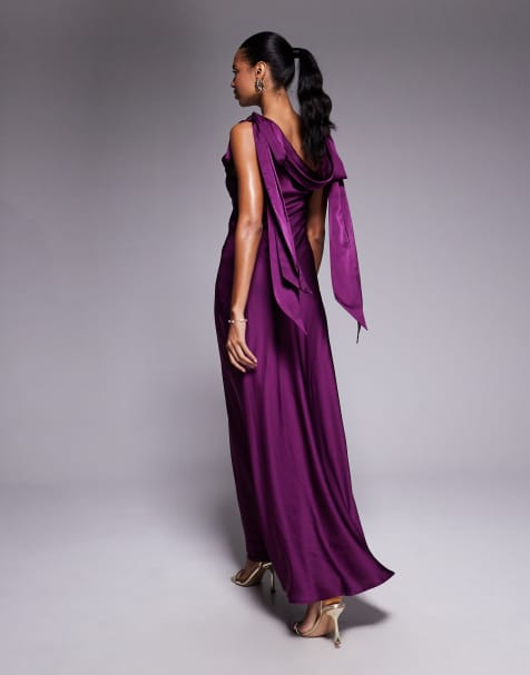 TFNC fallen shoulder maxi dress with tie details in berry - view 1
