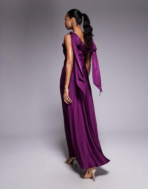 TFNC fallen shoulder maxi dress with tie details in berry