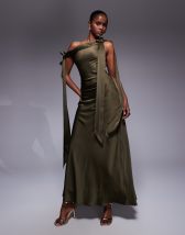 Topshop satin tie neck bias sleeveless dress in brown