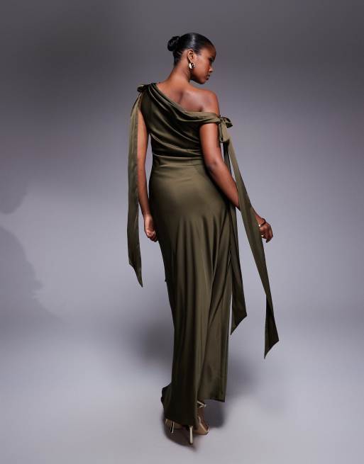 TFNC fallen shoulder maxi dress with tie details in olive satin