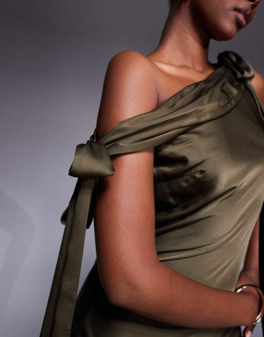 TFNC fallen shoulder maxi dress with tie details in olive satin