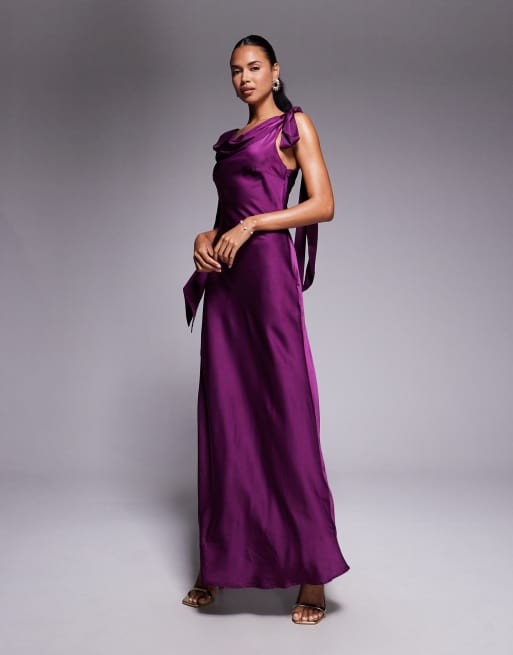 TFNC fallen shoulder maxi dress with tie details in purple berry