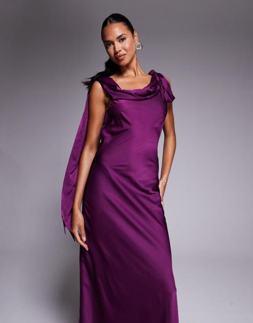 TFNC fallen shoulder maxi dress with tie details in purple berry