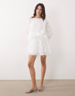 Tfnc Faux Feather Bell Sleeve Babydoll Mini Dress In White