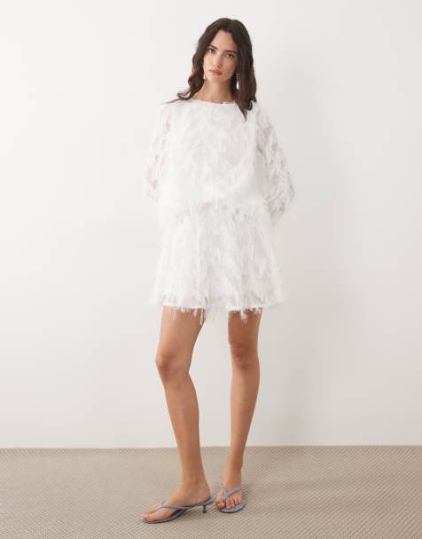 TFNC faux feather bell sleeve babydoll mini dress in white - view 1