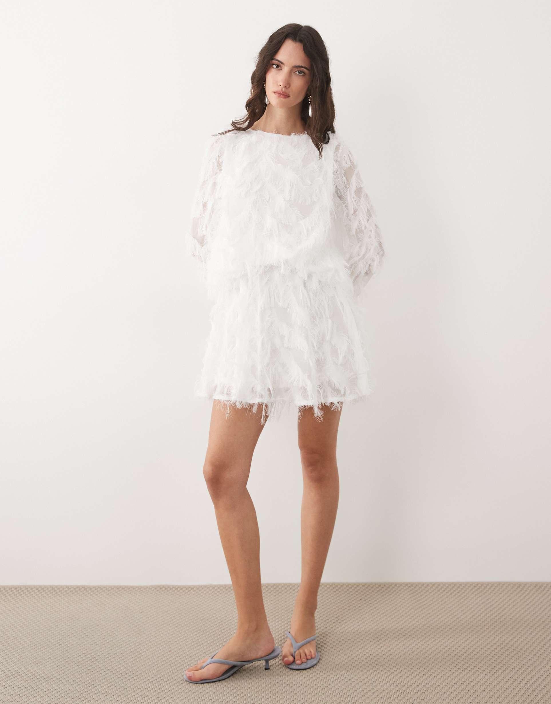 tfnc faux feather bell sleeve babydoll mini dress in white