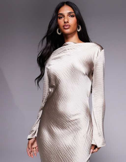 TFNC flared long sleeve maxi dress in soft gold