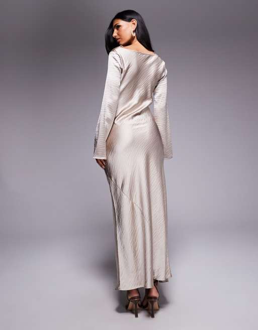 TFNC flared long sleeve maxi dress in soft gold