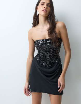 Tfnc Floral Sequin Bandeau Mini Dress With Chiffon Drape Detail In Black