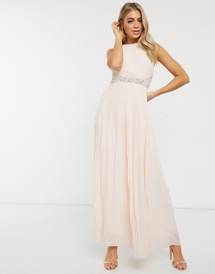 TFNC - Geplooide bruidsmeisjes lange jurk met versierde tailleband-Roze