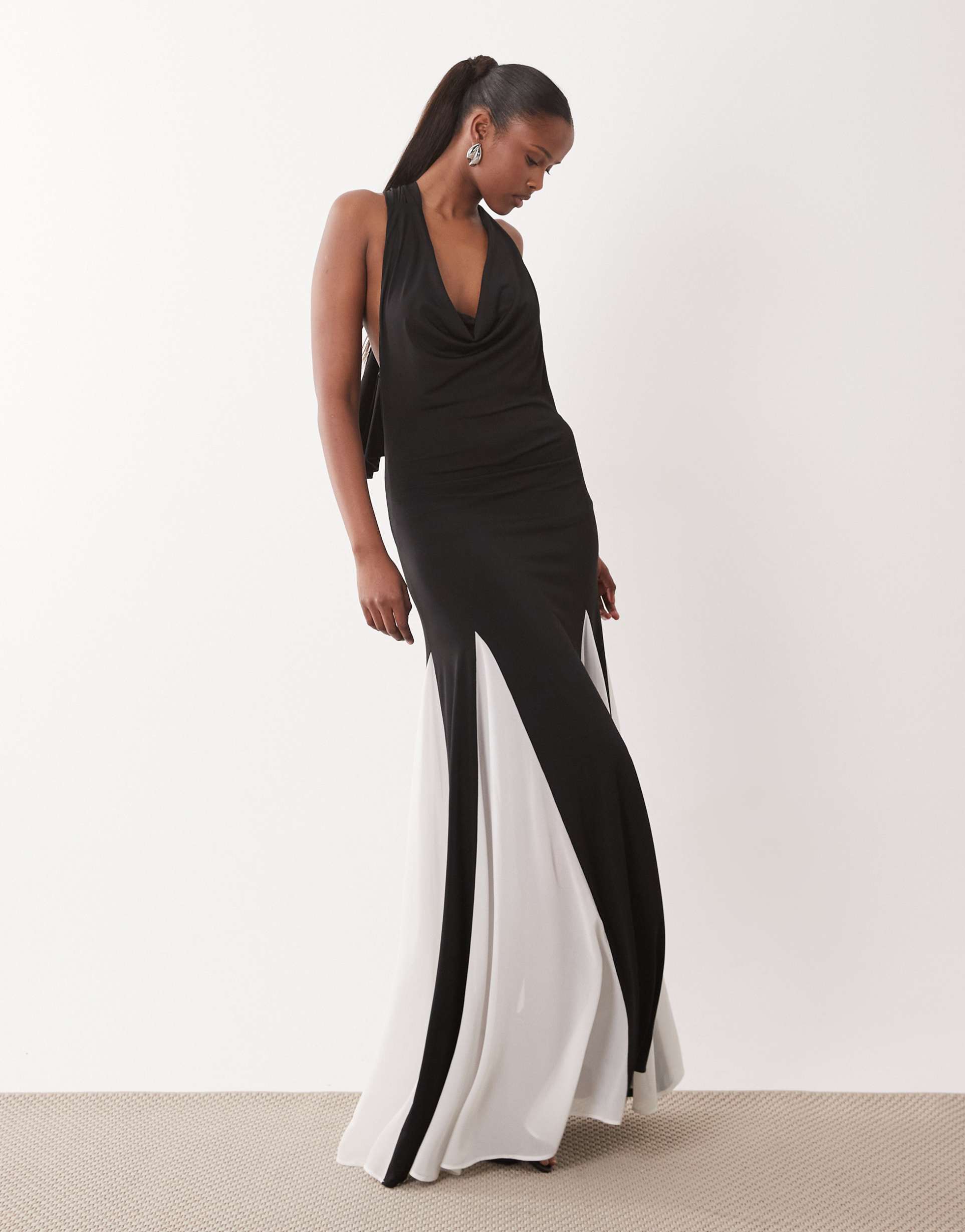 tfnc halter neck chiffon contrast godet skirt maxi dress in black and white