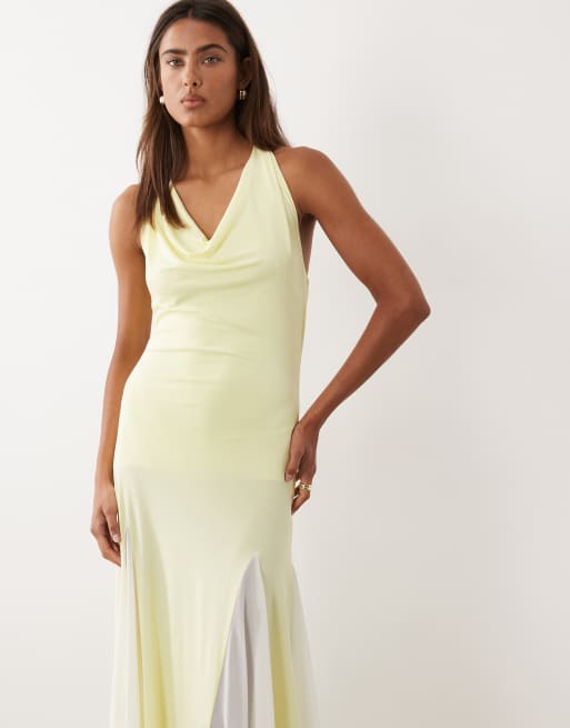 TFNC halter neck chiffon maxi dress in yellow and cream, 2 of 4
