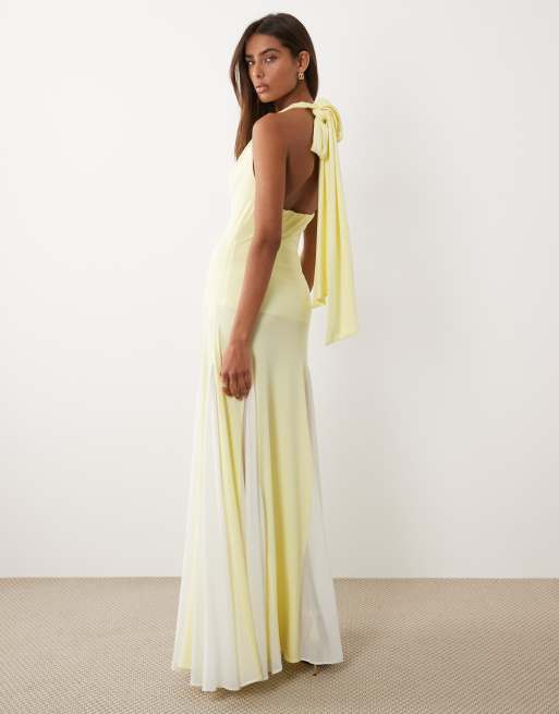 TFNC halter neck chiffon maxi dress in yellow and cream, 4 of 4