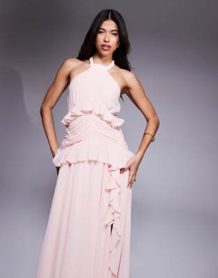 Tfnc Halter Neck Chiffon Maxi Dress With Ruffle Detail And Slit In Pink