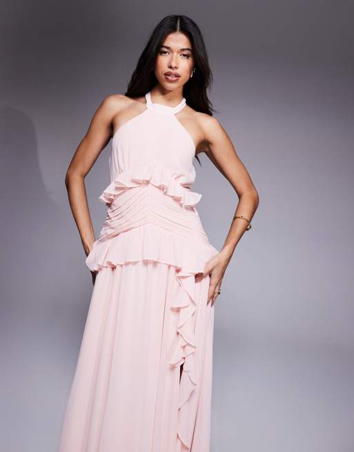 TFNC halter neck chiffon maxi dress with ruffle detail and slit in soft pink