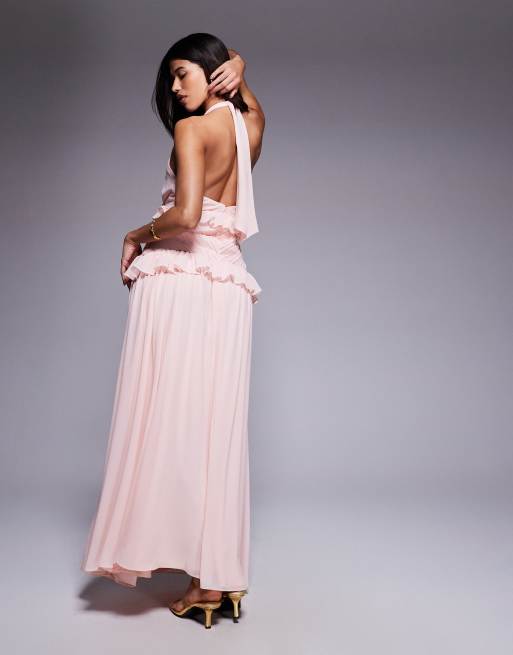 TFNC halter neck chiffon maxi dress with ruffle detail and slit in soft pink, 3 of 4