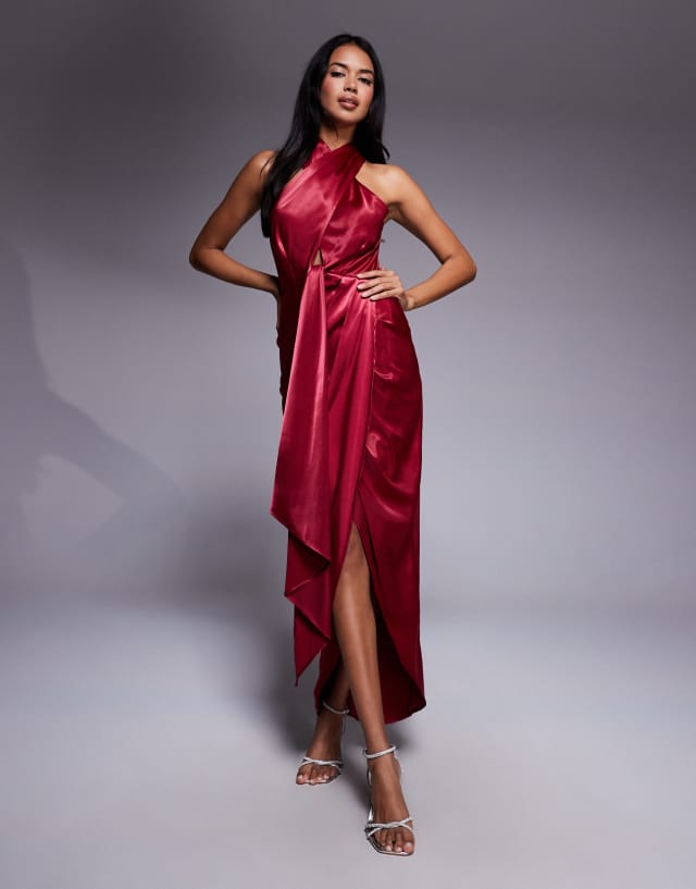 wrap neck halter dress TFNC with skirt in red satin bridesmaid dresses