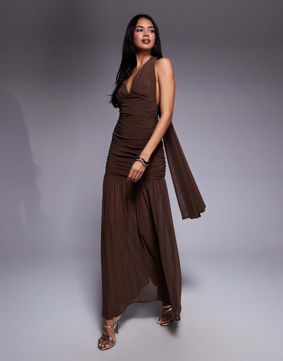 TFNC halter neck maxi dress with open back in chocolate mesh