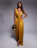 [TFNC] TFNC halter neck maxi dress with tie front detail in mustard satin-Yellow 10 MUSTARD