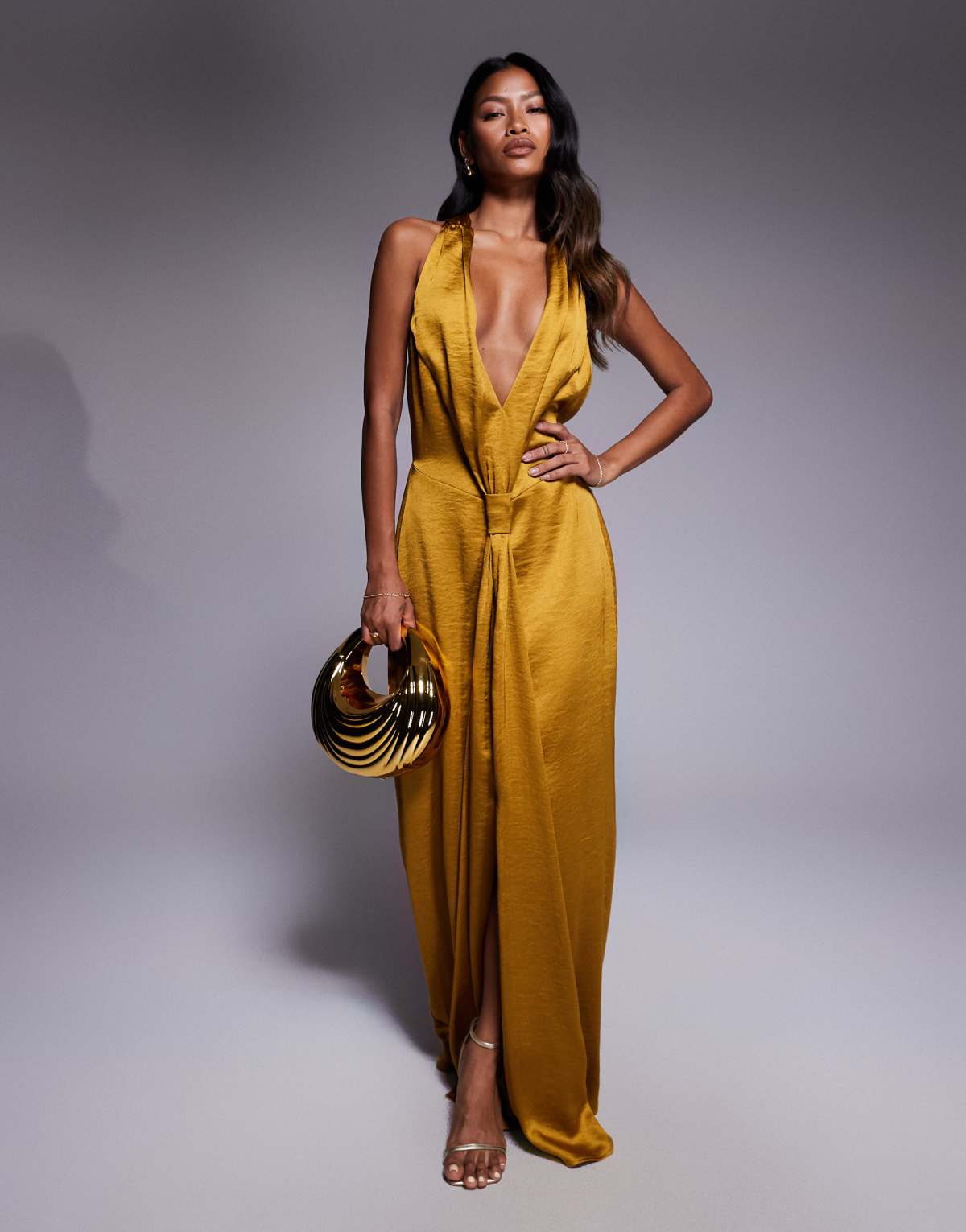 TFNC halter neck maxi dress with tie front detail in mustard satin