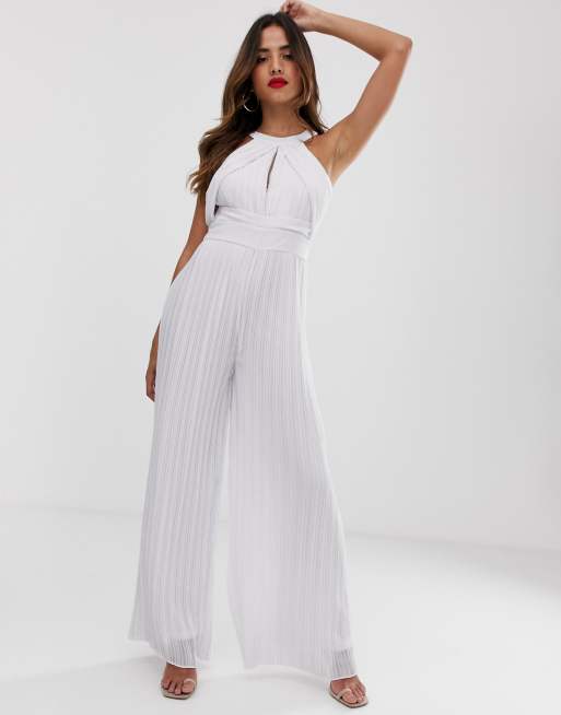 TFNC halter neck pleated jumpsuit in white