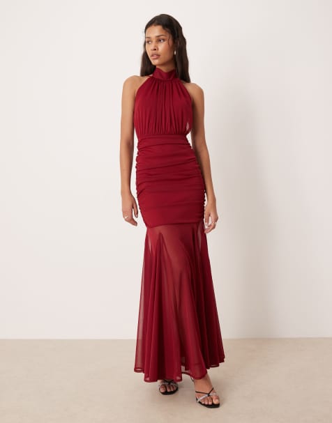 TFNC halter neck sheer skirt maxi dress in wine