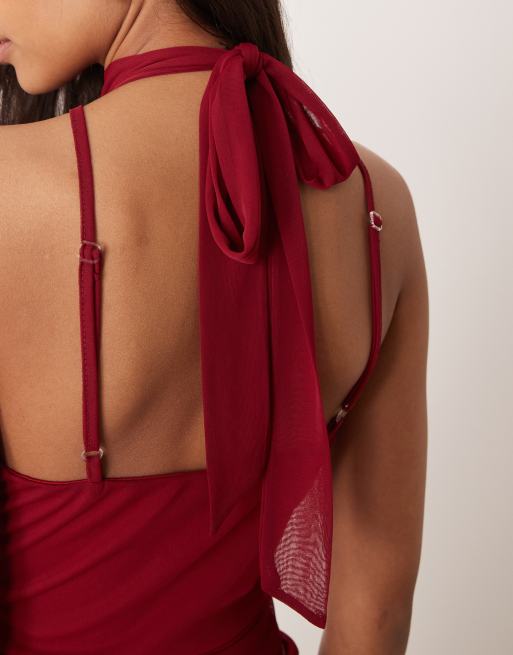 TFNC halter neck sheer skirt maxi dress in wine, 3 of 4