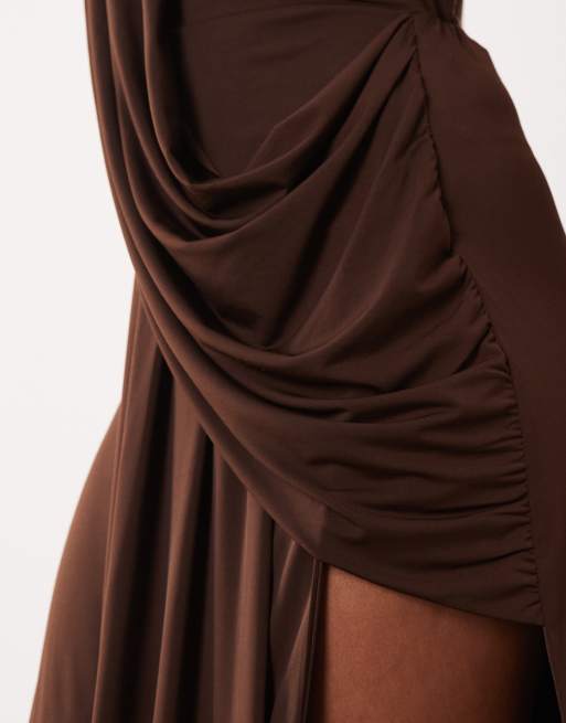 TFNC halter neck slinky high split maxi dress in chocolate, 3 of 4