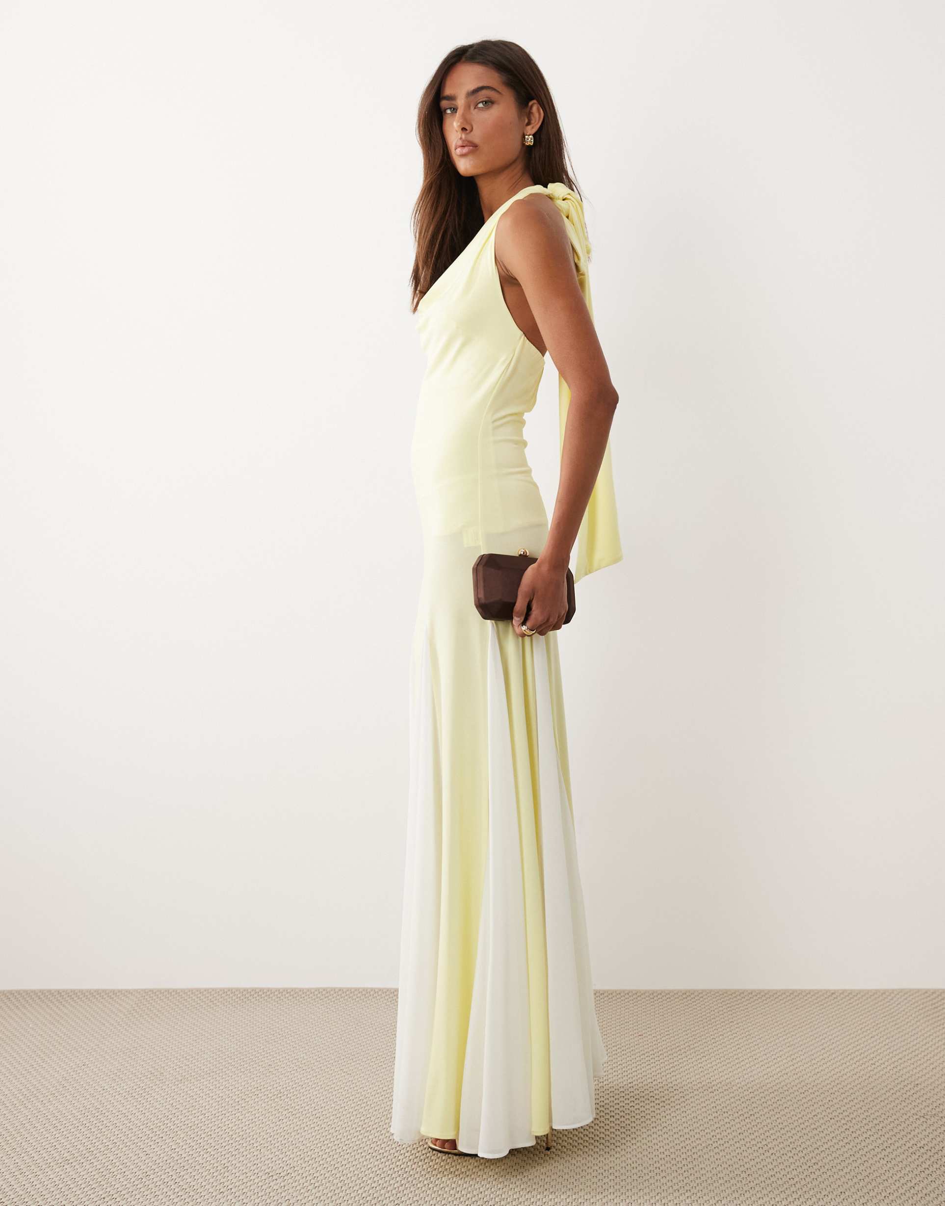 tfnc halterneck chiffon maxi dress in yellow and cream
