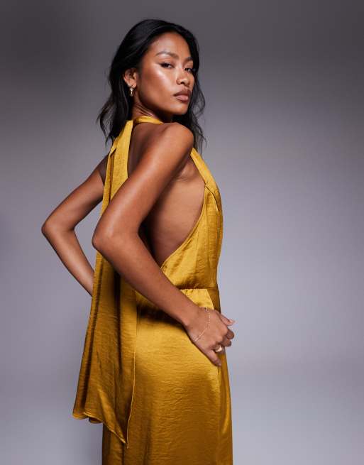 TFNC halterneck maxi dress with tie front detail in mustard satin
