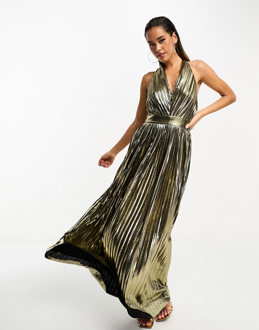 TFNC halterneck pleated maxi dress in gold